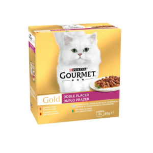 GOURMET GOLD DOBLE PLACER PACK BUEY-POLLO, PATO-PAVO, PESCADO DEL OCÉANO, CONEJO-HÍGADO 8x85g (12ud./caja)