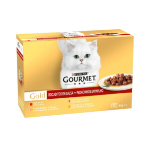 GOURMET GOLD BOCADITOS EN SALSA PACK BUEY, PAVO-PATO, SALMÓN-POLLO Y POLLO-HÍGADO 12x85g (8ud./caja)