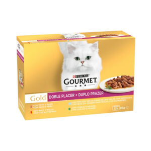 GOURMET GOLD DOBLE PLACER PACK BUEY-POLLO, PATO-PAVO, PESCADO DEL OCÉANO, CONEJO-HÍGADO 12x85g (8ud./caja)