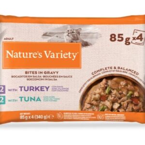 NATURE’S VARIETY CAT BOCADITOS EN SALSA FLOWPACK 2 CON PAVO Y 2 CON TUNA 85g (11uds./caja)