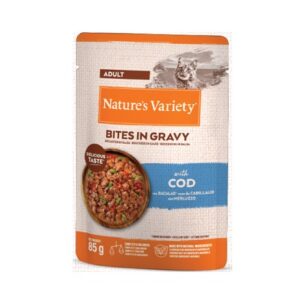 NATURE’S VARIETY CAT BOCADITOS EN SALSA CON BACALAO 85g (22uds./caja)