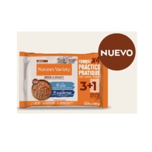 NATURE’S VARIETY CAT BOCADITOS EN SALSA FLOWPACK 2 CON BACALAO Y 2 CON PESCADO OCÉANO 85g (11uds./caja)