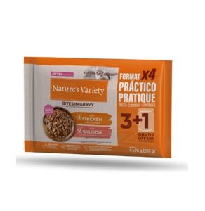 NATURE’S VARIETY CAT KITTEN BOCADITOS EN SALSA FLOWPACK 2 CON POLLO Y 2 CON SALMÓN 70g (11uds./caja)