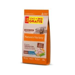 NATURE'S VARIETY DOG HEALTHY GRAINS MEDIUM/MAXI ADULT PESCADO BLANCO 10Kg+2Kg gratuitos